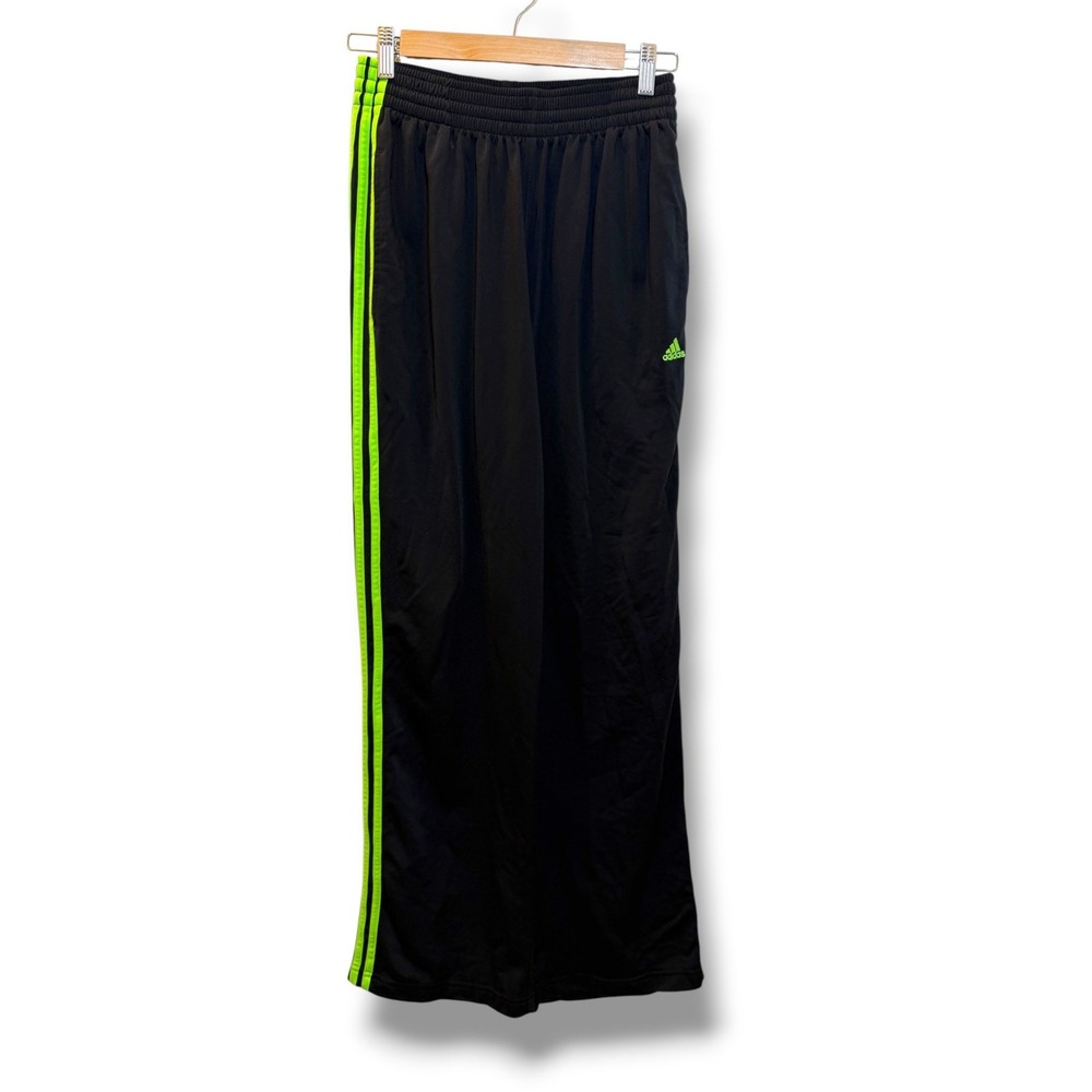 Adidas Track Pants Mens M Black Neon Green 3 Stripe Athletic Training Relaxed